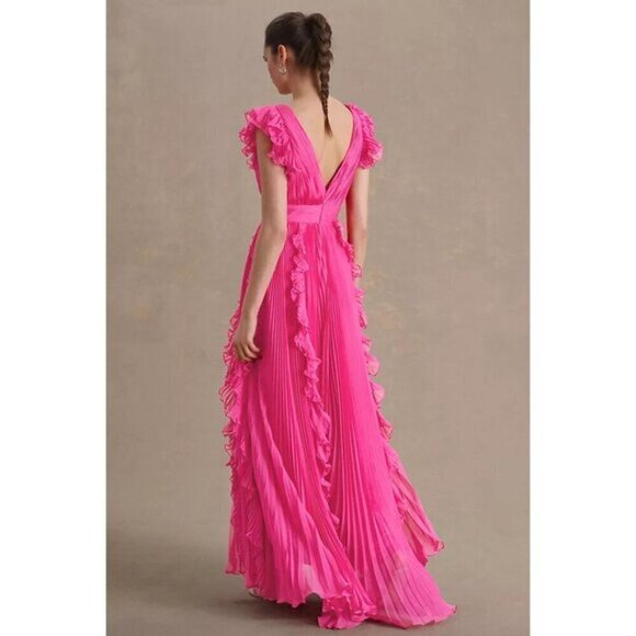 MAC DUGGAL Pleated Ruffle Cap Sleeve Chiffon Gown in Fuchsia Size US 8 - Picture 2 of 14